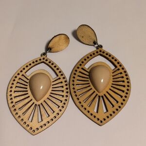 Elegant Wooden Cream Teardrop Earrings